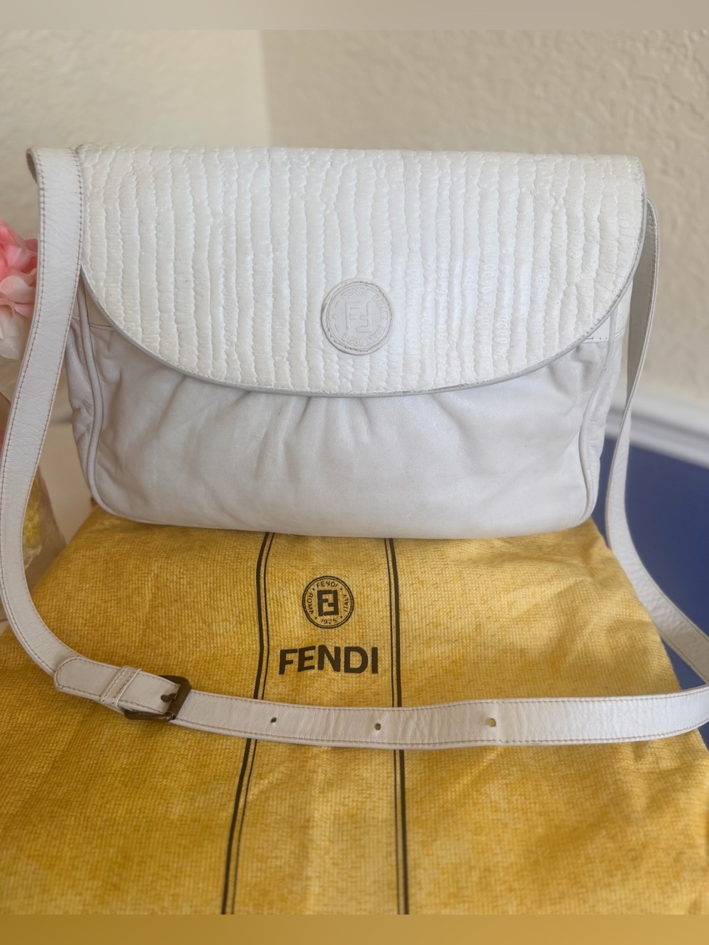 FENDI Chef FF Zucca Leather Ruched Textured Shoulder or Crossbody Bag w Dust-bag